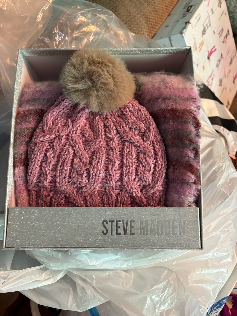 Steve Madden Pink Knit Pom Beanie